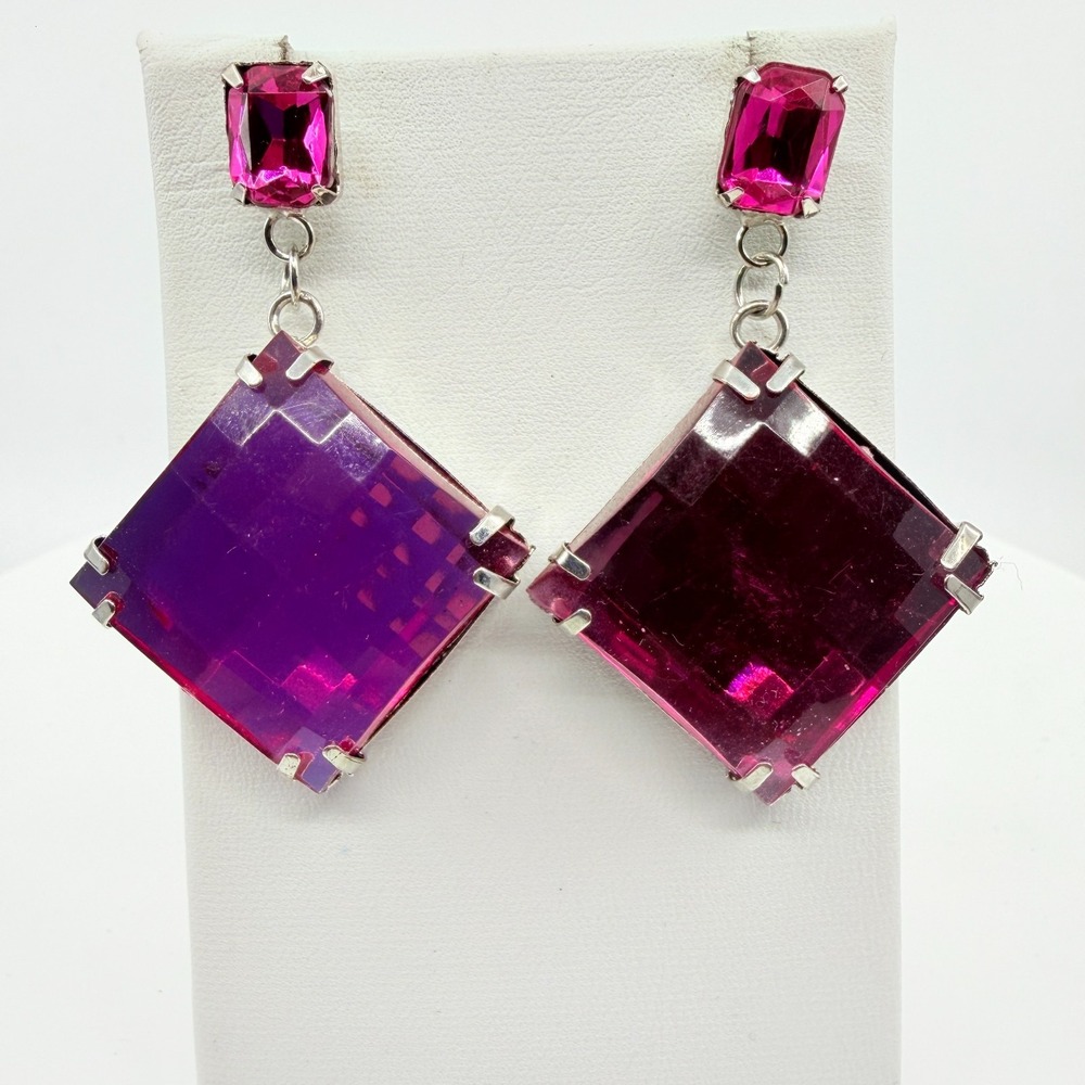 Hot Pink Crystal Geometric Drop Earrings Y2K Glam Party Gift